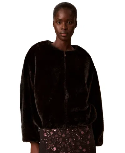 Calvin Klein Petite Faux Shearling Crewneck Cropped Jacket In Brown