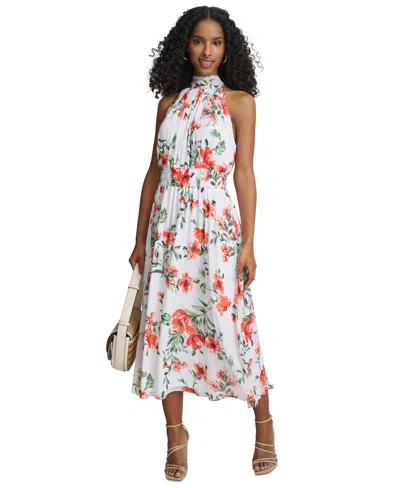 Calvin Klein Petite Floral-print A-line Halter Dress In Tango Mult