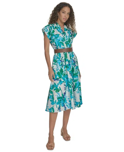 Calvin Klein Petite Floral-print Belted Midi Dress In Kelly Multi