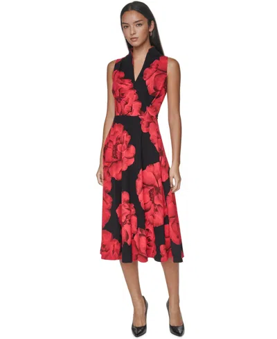 Calvin Klein Petite Floral-print A-line Split-neck Midi Dress In Red