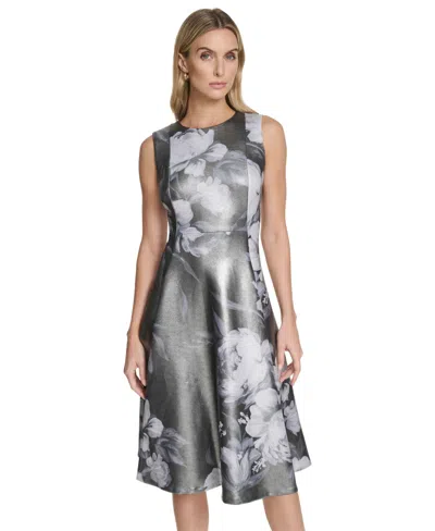Calvin Klein Petite Foil Scuba Fit & Flare Dress In Gray