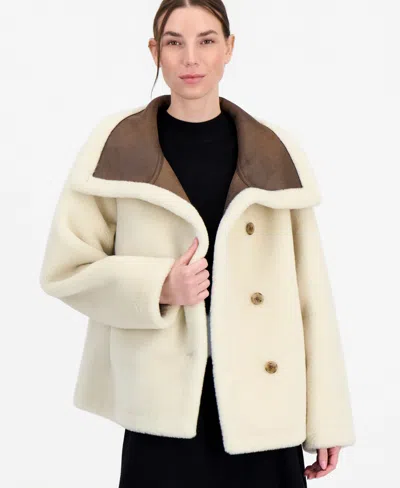 Calvin Klein Petite Funnel Neck Button-front Faux Fur Jacket, Created For Macy's In Brown