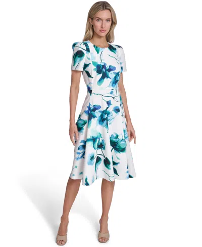 Calvin Klein Petite Hopsack Short-sleeve Jewel Neck Dress In White