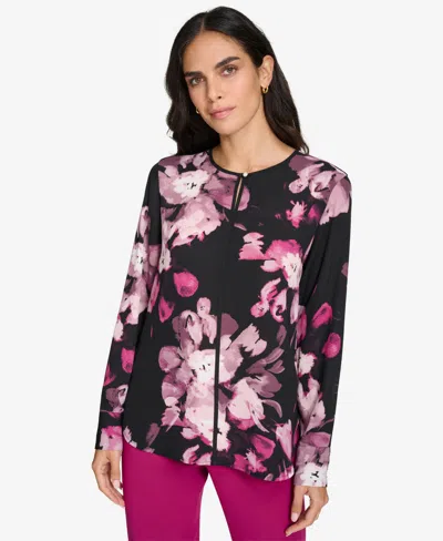 Calvin Klein Women's Petite Keyhole Long-sleeve Blouse In Black Multi