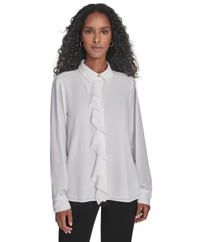 Calvin Klein Petite Long Sleeve Blouse In Gray