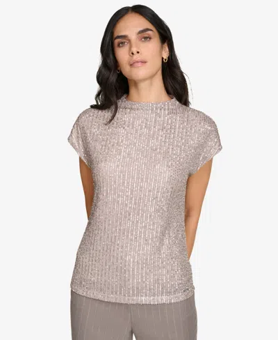 Calvin Klein Petite Mock-neck Short-sleeve Top In Gunmetal