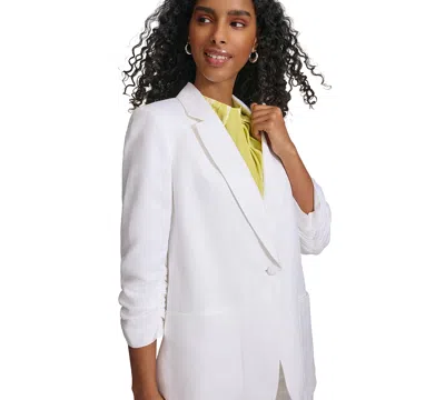 Calvin Klein Petite Notch-label Ruched-sleeve Jacket In White