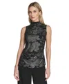Calvin Klein Petite Novelty Printed Mock Neck Ruched Top In Black