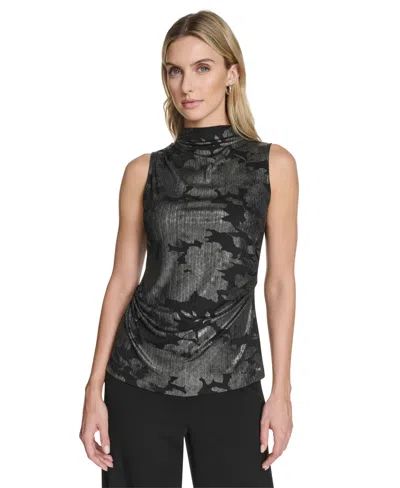 Calvin Klein Petite Novelty Printed Mock Neck Ruched Top In Black