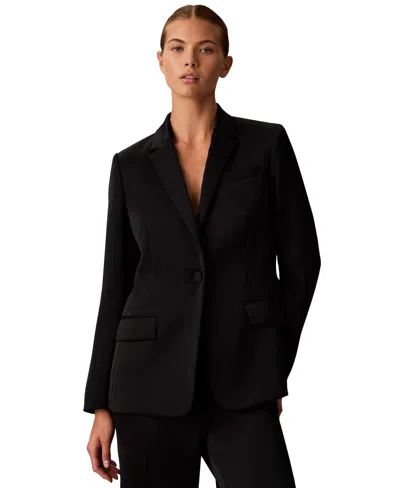 Calvin Klein Petite One-button Slim-fit Satin Blazer In Black