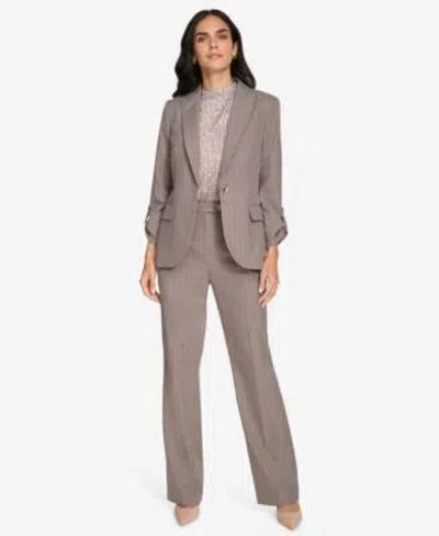 Calvin Klein Petite Pinstriped Blazer Mock Neck Top Pants In Oyster Multi