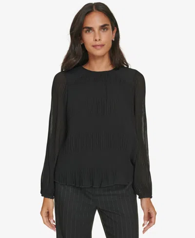 Calvin Klein Petite Pleated Blouson-sleeve Top In Black