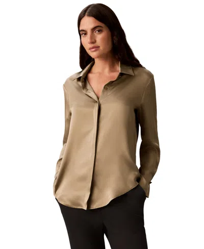 Calvin Klein Petite Pleated Long-sleeve Button-front Collared Shirt In Cafe Mist Heather