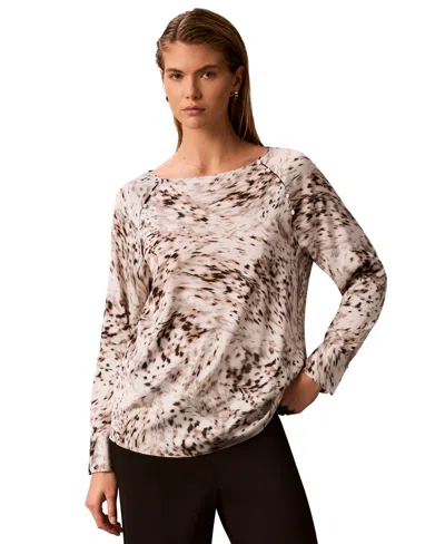 Calvin Klein Petite Printed Boat Neck Blouse In Animal Print