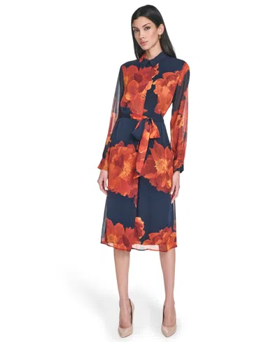 Calvin Klein Petite Printed Button Front Midi Shirtdress In Blue