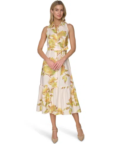 Calvin Klein Petite Printed Collared Neck Midi Shirt Dress In White