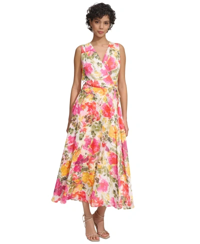 Calvin Klein Petite Printed Faux-wrap Tie-waist A-line Dress In Bberry Mul  | ModeSens