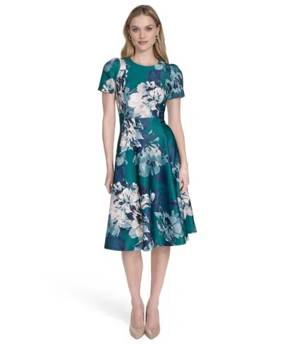 Calvin Klein Petite Printed Jewel-neck Fit & Flare Dress In Multi