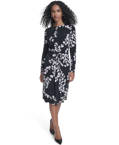 Calvin Klein Petite Printed Long-sleeve Midi Dress In Black