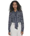 Calvin Klein Petite Printed Long Sleeve Tie-neck Blouse In Navy,cream