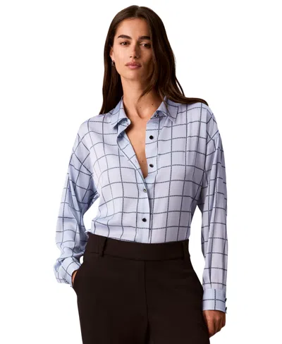 Calvin Klein Petite Printed Long-sleeve Button-down Satin Shirt In White