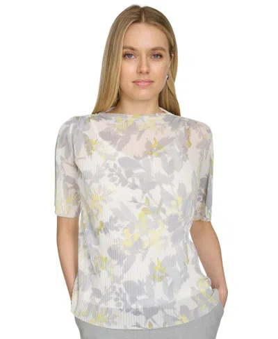 Calvin Klein Petite Printed Mock Neck Short-sleeve Top In Pale Citrine Multi