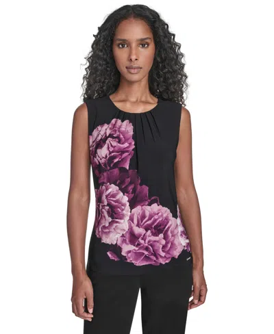 Calvin Klein Petite Printed Pleated Design Cami Top In Black