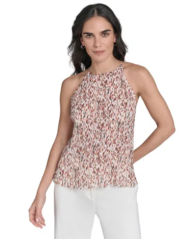 Calvin Klein Petite Printed Pleated Sleeveless Halter Top In Multi