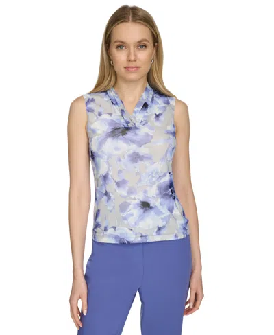 Calvin Klein Petite Printed Pleated V-neck Sleeveless Top In Spring Blue Multi