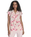 Calvin Klein Petite Printed Ruffle-front Blouse In Soft Taupe Multi