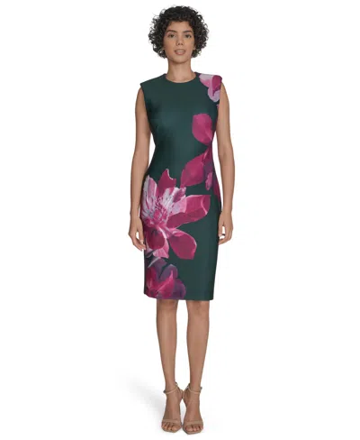 Calvin Klein Petite Printed Scuba Sheath Sleeveless Dress In Green