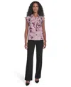 Calvin Klein Petite Printed Short Sleeve Ruffle Front Blouse In Purple