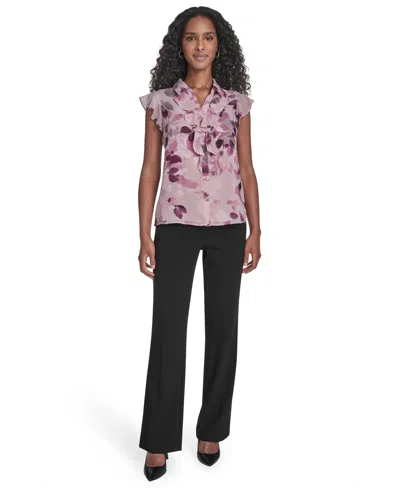 Calvin Klein Petite Printed Short Sleeve Ruffle Front Blouse In Purple