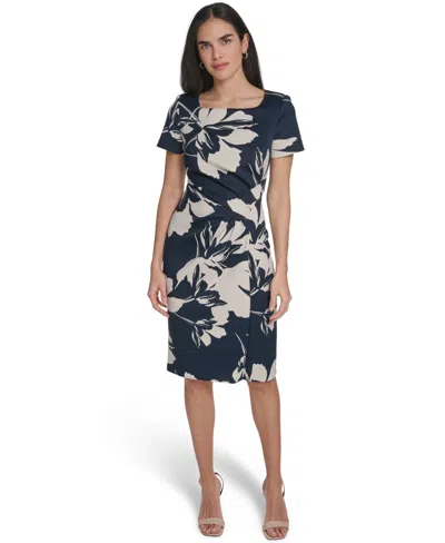 Calvin Klein Petite Printed Square Neck Midi Dress In Blue