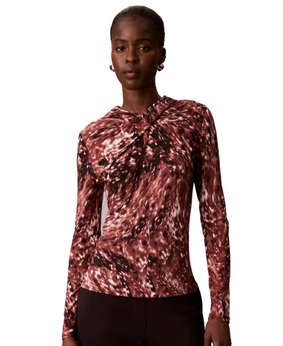 Calvin Klein Petite Printed Twist Neck Blouse In Pink