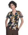 Calvin Klein Petite Printed V-neck Flutter Sleeve Top In Multi