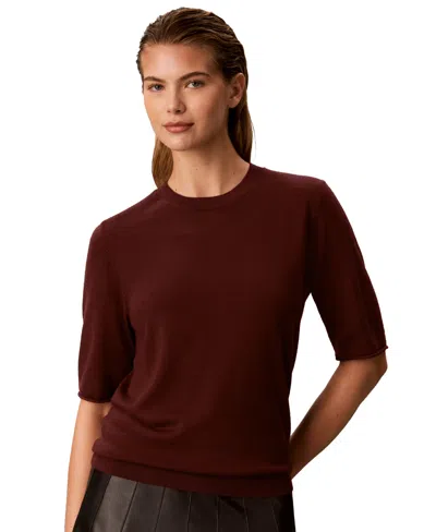 Calvin Klein Petite Roll-tab Sleeve Short-sleeve Pullover Crewneck Sweater In Brown
