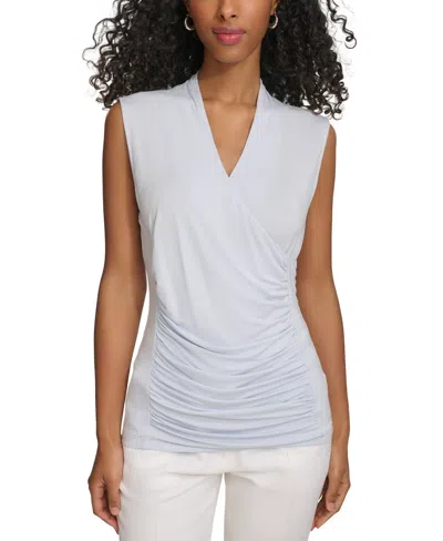 Calvin Klein Petite Ruched-front Sleeveless Surplice Top In Arctic Ice