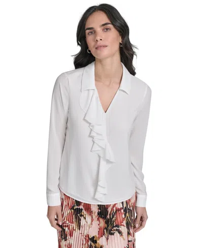 Calvin Klein Petite Ruffle-trim Collared Blouse In White
