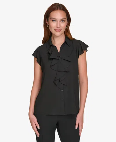 Calvin Klein Petite Ruffled Cap-sleeve Top In Black