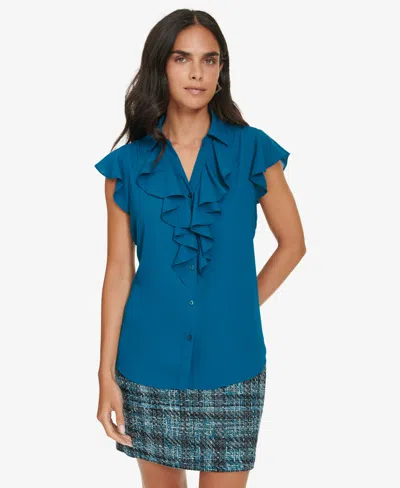 Calvin Klein Petite Ruffled Flutter-sleeve Blouse In Cypress
