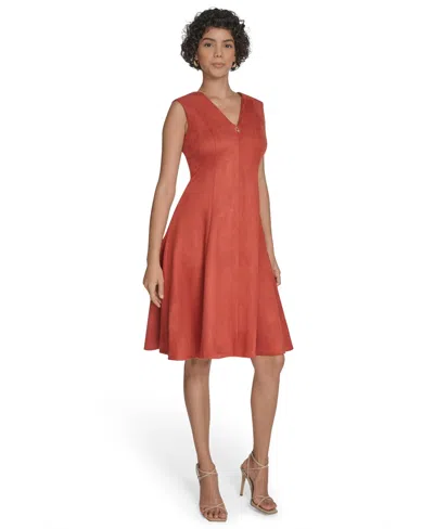 Calvin Klein Petite Scuba Suede Fit And Flare Dress In Red