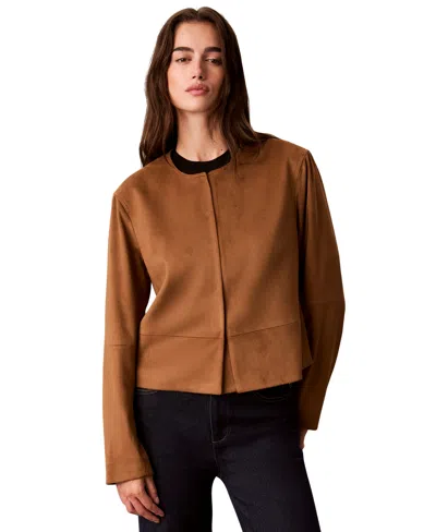 Calvin Klein Petite Seamed Crewneck Cropped Faux Suede Jacket In Brown