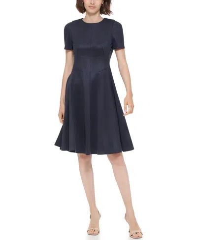 Calvin Klein Petite Short-sleeve Scuba Suede Dress In Blue