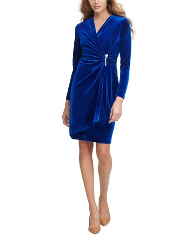 Calvin Klein Petite Side Bar Velvet V-neck Long-sleeve Dress In Blue