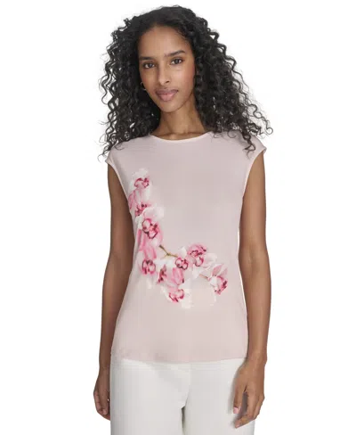 Calvin Klein Petite Sleeveless Printed Blouse In Soft Taupe