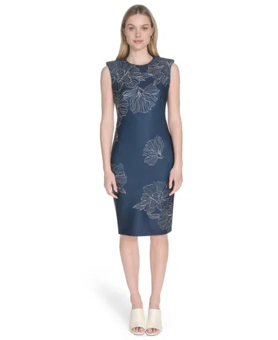 Calvin Klein Petite Sleeveless Scuba Sheath Dress In Blue