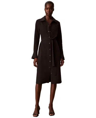 Calvin Klein Petite Snap-front Long-sleeve Midi Dress In Brown