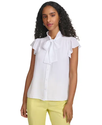 Calvin Klein Petite Solid-color Cap-sleeve Bow Blouse In White