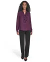 Calvin Klein Petite Solid Long Sleeve Ruffle Front Blouse In Purple